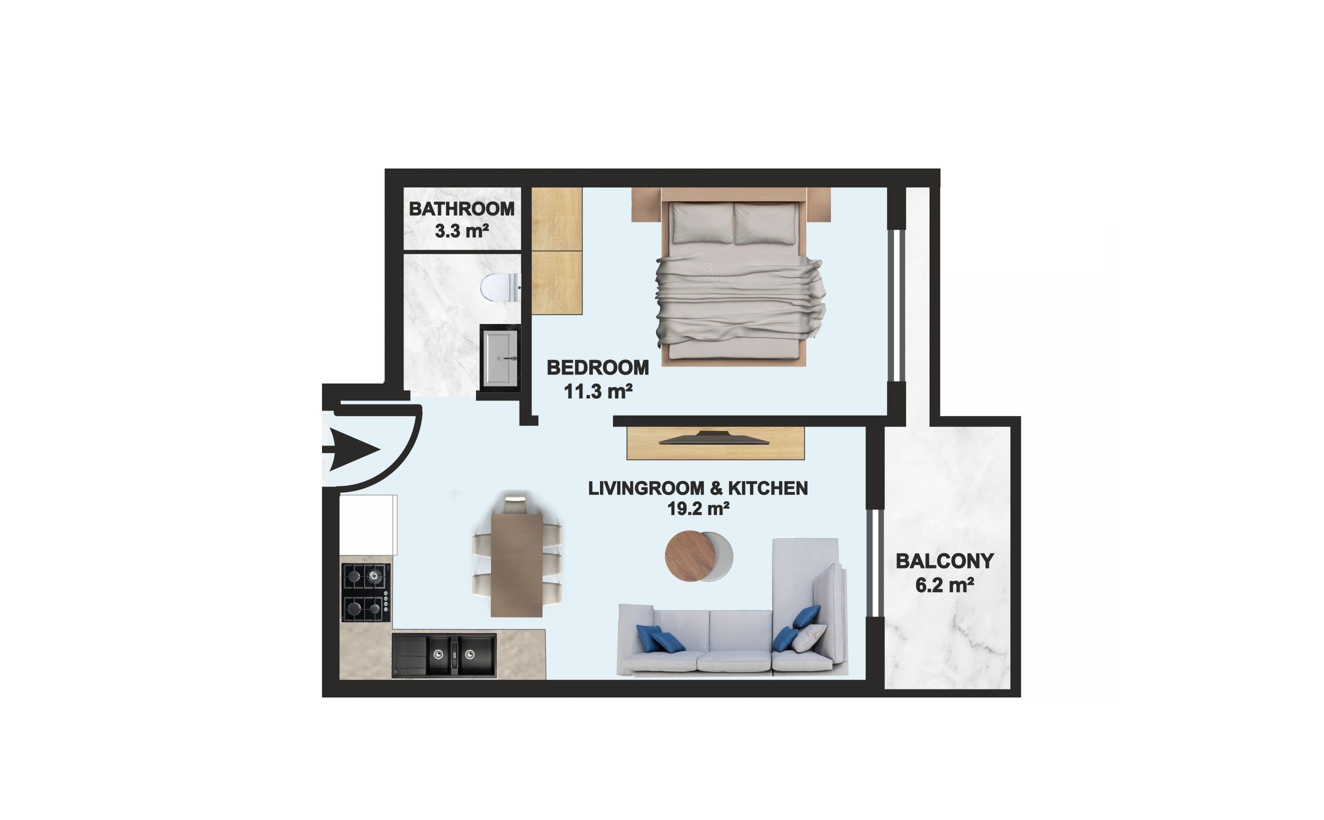 Apartment 1+1 in complex under construction, Oba district